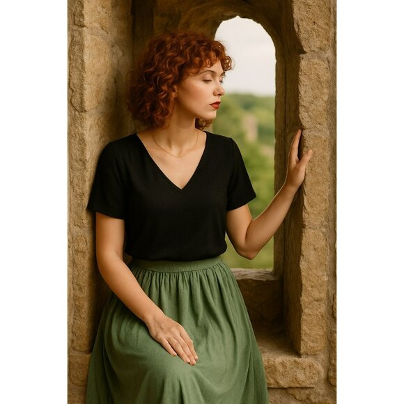 Babaton Randy Blouse Womens XS V-Neck Short Sleeve Polyester Top Black NWT - Picture 1 of 10